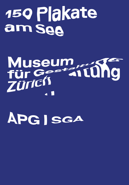 Verzerrter Text auf blauem Hintergrund für Ausstellung '150 Plakate am See'.
