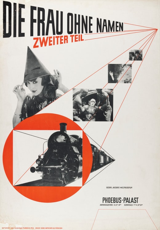 Filmplakat mit Bildern von Frau und Dampflok, Titel in Grossschrift 'Die Frau ohne Namen'.