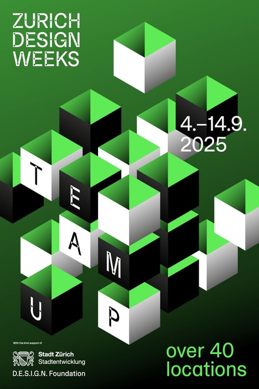 Plakat für Zürich Design Weeks 2025 mit grünem Hintergrund und Würfeln.