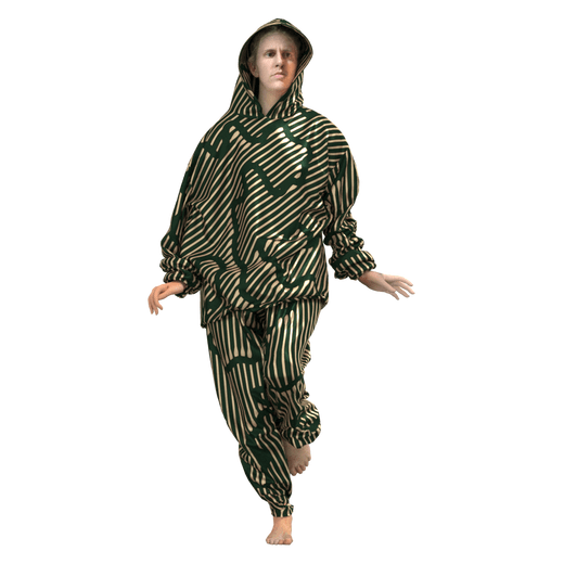 Person in gemustertem Kapuzenanzug auf schwarzem Hintergrund.