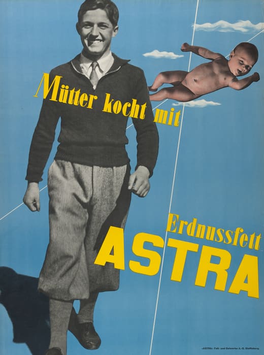 Werbung für Astra Erdnussfett mit Mann und Baby.