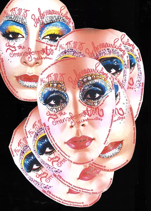 Kunstcollage aus mehreren überlagerten Gesichtsmasken mit Make-up.