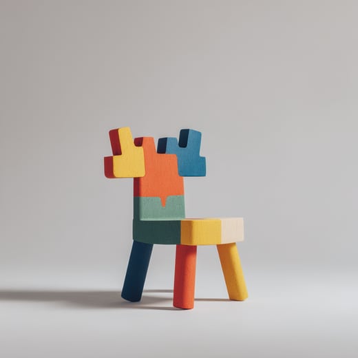 Bunte Puzzle-Stuhl vor grauem Hintergrund.