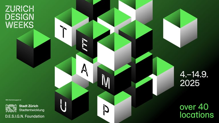 Werbung für Zürich Design Weeks 2025 mit Würfeln und Text \"TEAM UP\".